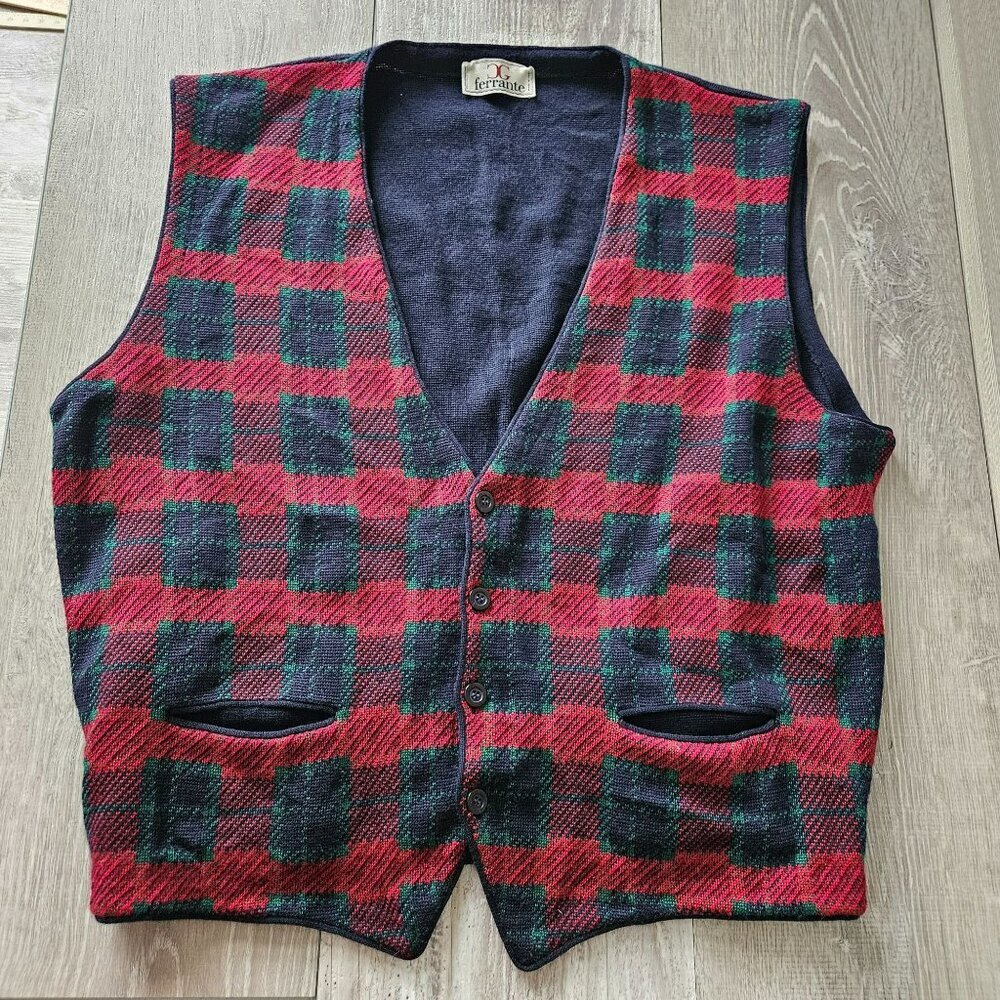 Mens Ferrante Plaid 100% Wool Button Cardigan Vest Made In Italy Chest Size 45